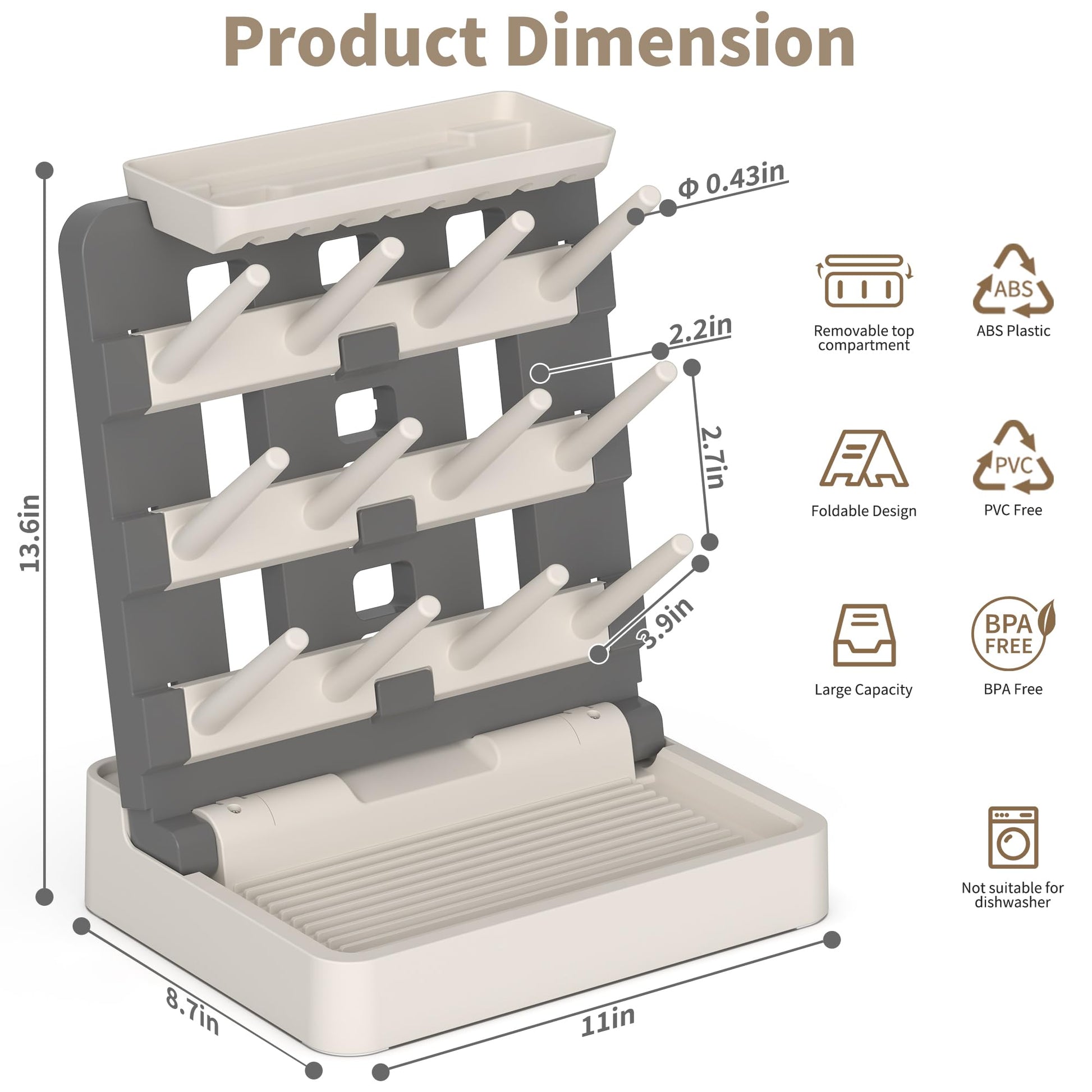 Baby bottle drying rack with removable drip tray for kitchen organization