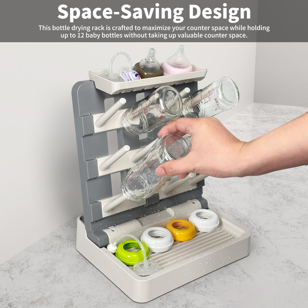 Vertical bottle dryer rack holding baby bottles and nipples