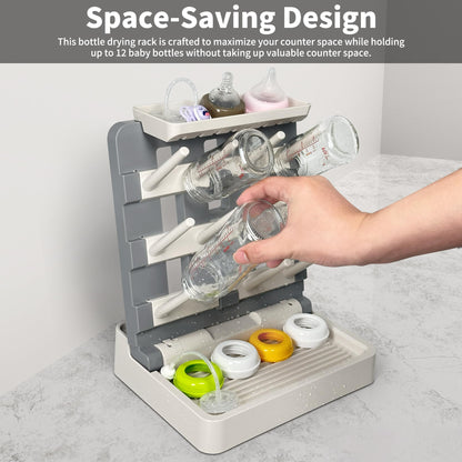Vertical bottle dryer rack holding baby bottles and nipples