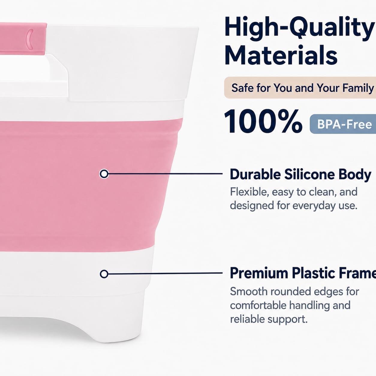 Side view of foldable basin with rubber handles