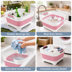Pink collapsible dish pan in kitchen setting