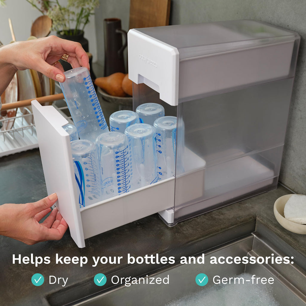Baby Brezza drying rack with lid closed on kitchen counter
