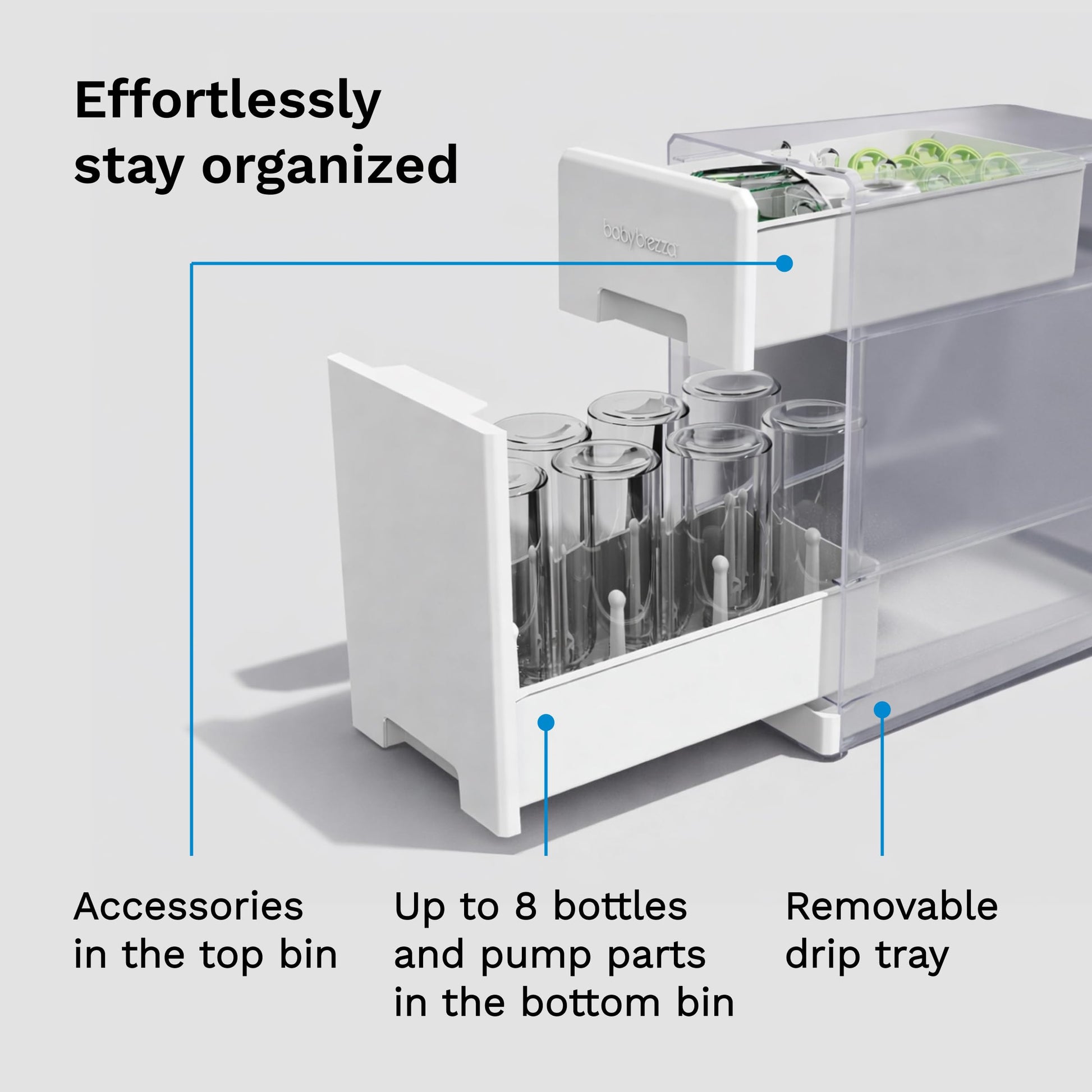 Top compartment of Baby Brezza organizer holding bottle accessories