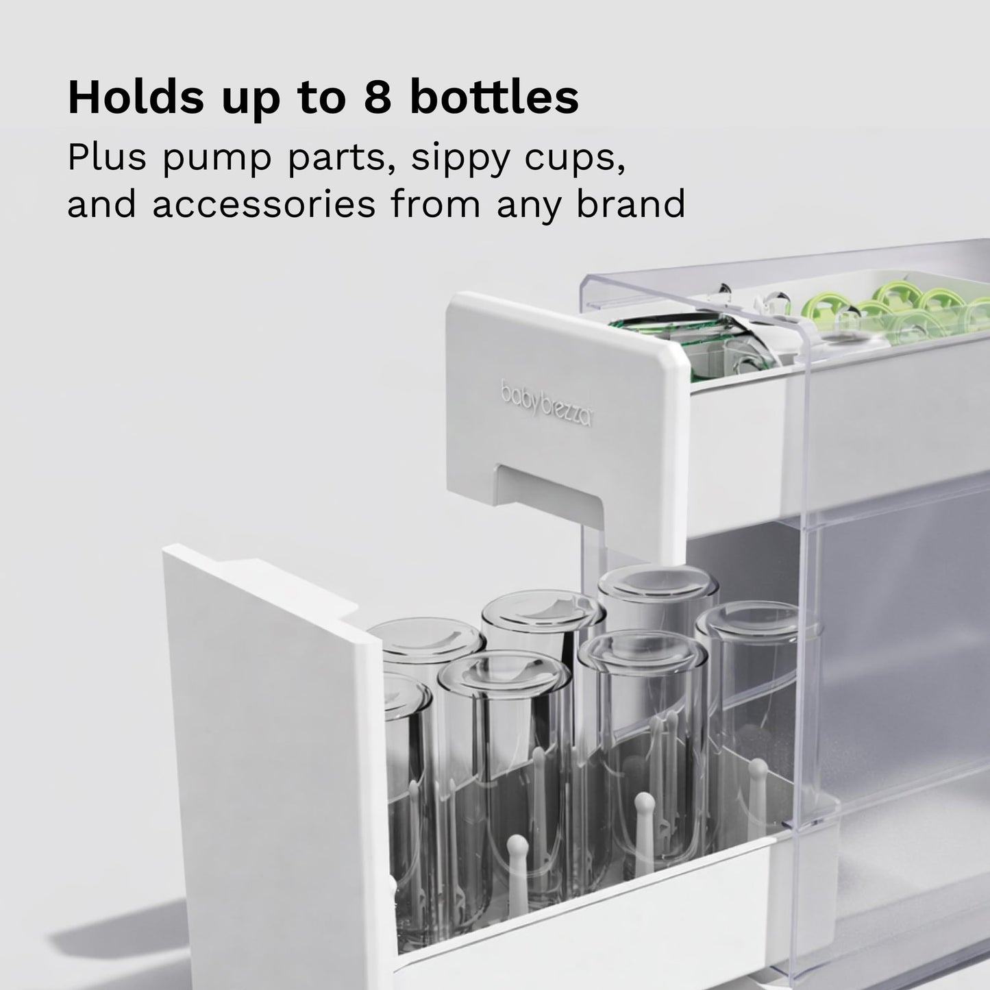 Side profile of Baby Brezza covered drying rack showing slim design