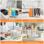 Stainless steel bottle rack holding multiple baby bottles