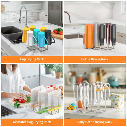 Stainless steel bottle rack holding multiple baby bottles