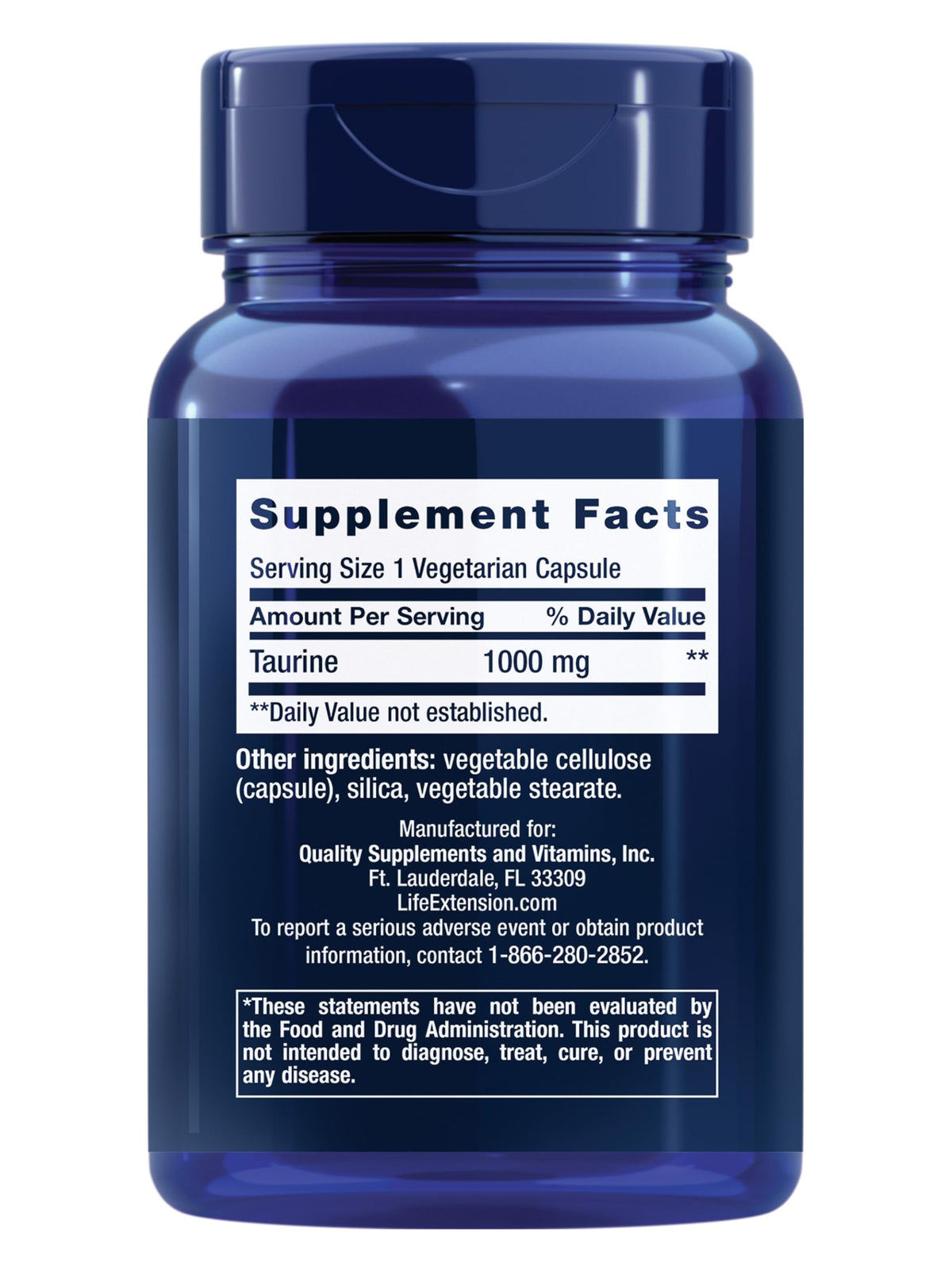 Life Extension Taurine supplement bottle showcasing nutritional facts label