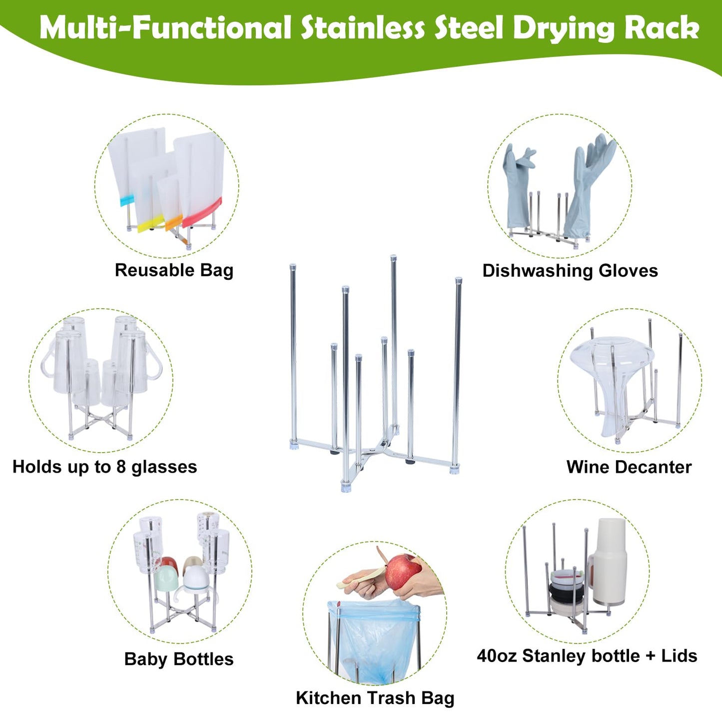 Close up of Goging drying rack silicone tipped stainless steel poles