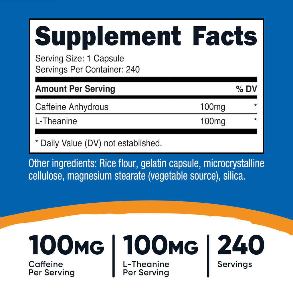Nutricost smart focus blend supplement bottle showing 100mg dosage facts