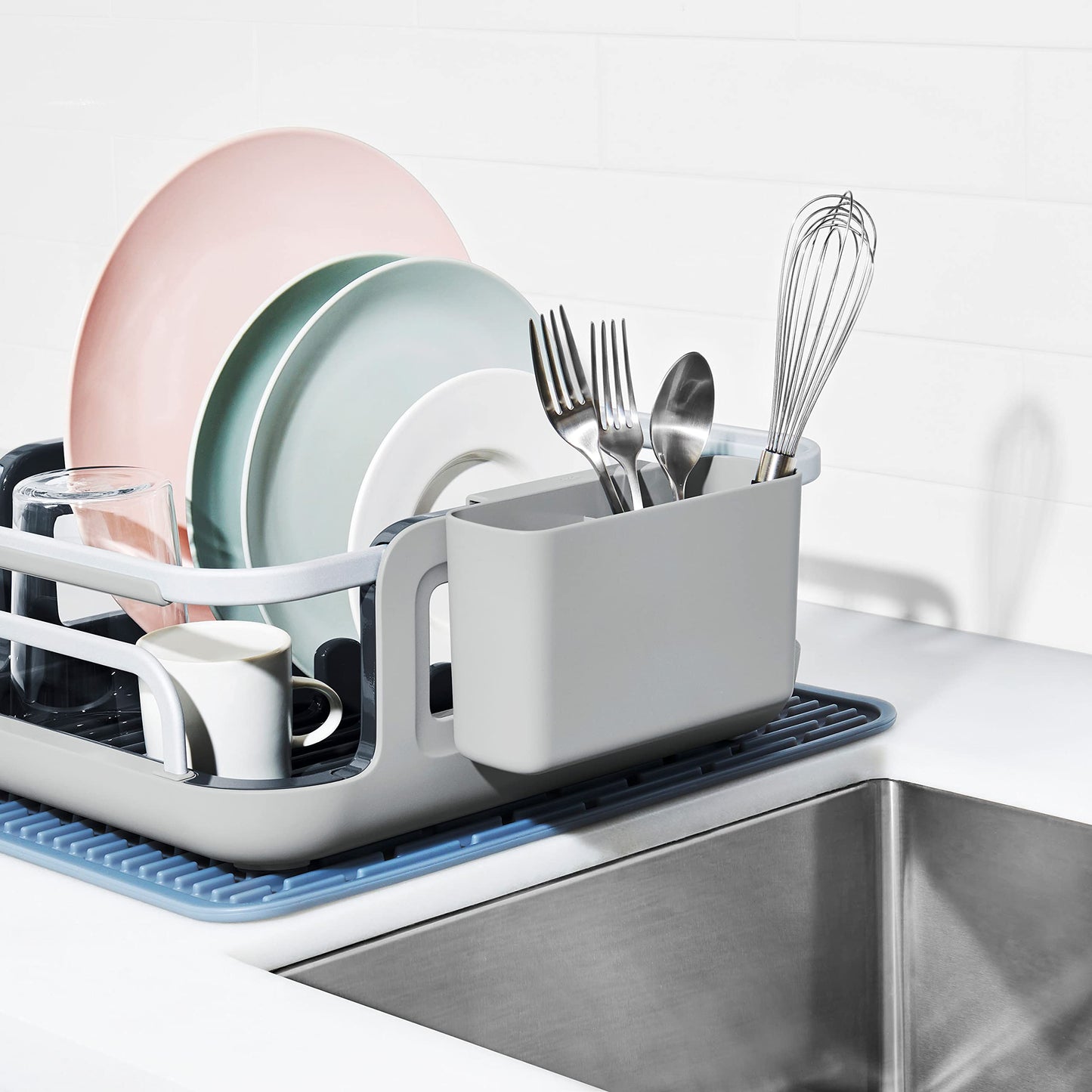 Side profile of OXO aluminum kitchen drying rack