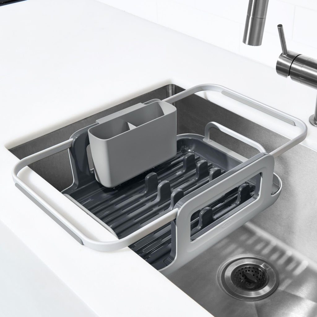 Detailed view of genuine OXO aluminum dish rack components
