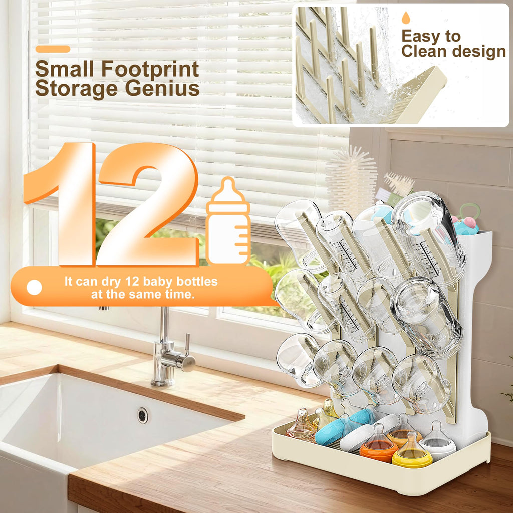 Warm beige baby bottle rack showing bottle storage capacity