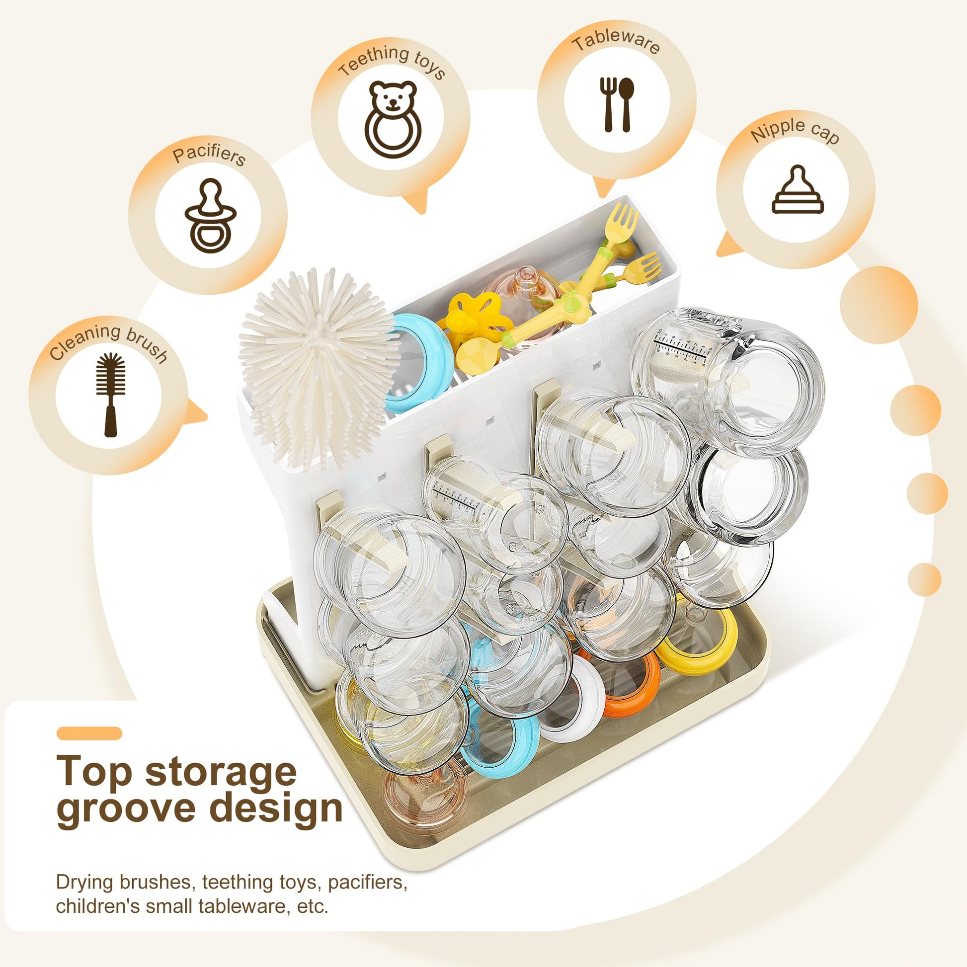 Space-saving vertical baby bottle rack on kitchen countertop