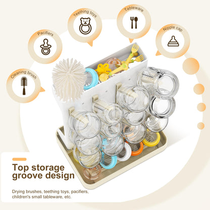 Space-saving vertical baby bottle rack on kitchen countertop