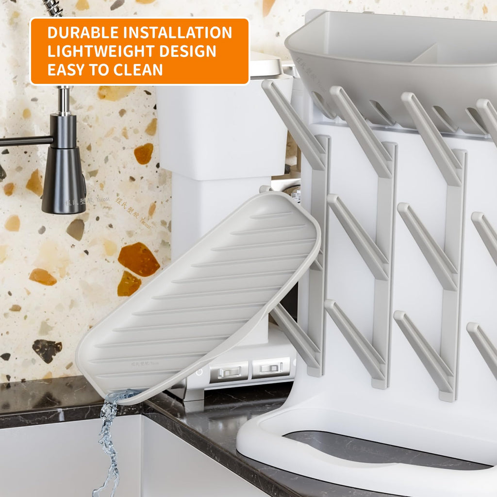 Yieach BPA free grey drying rack in a modern kitchen