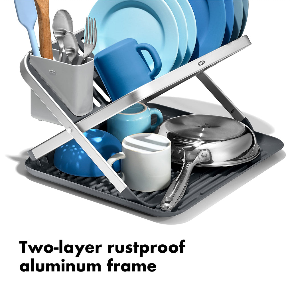 Close up of Oxo rustproof aluminum frame and raised ridges for drying