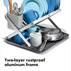 Close up of Oxo rustproof aluminum frame and raised ridges for drying