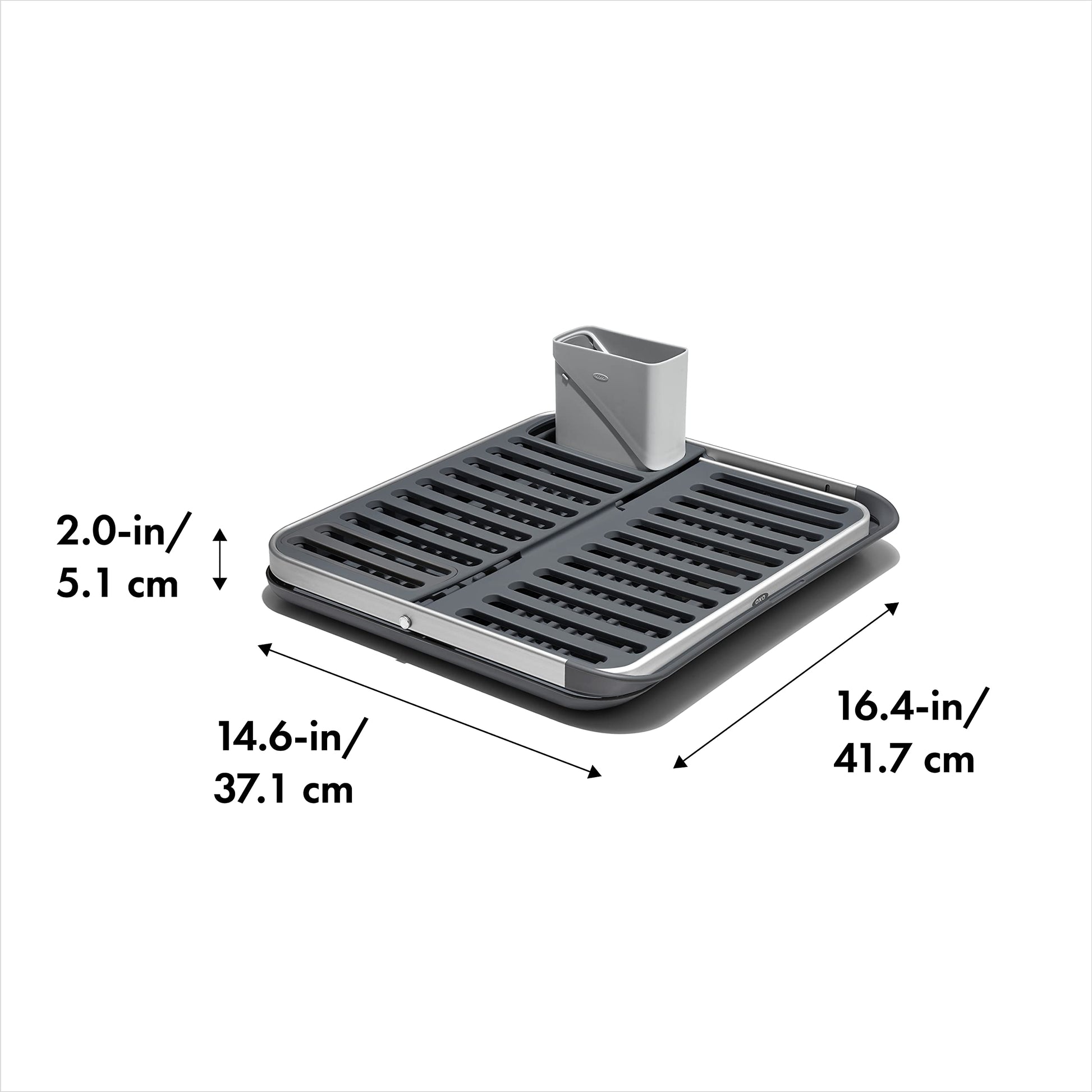 Side profile of the Oxo fold flat dish rack demonstrating stability and non-slip feet