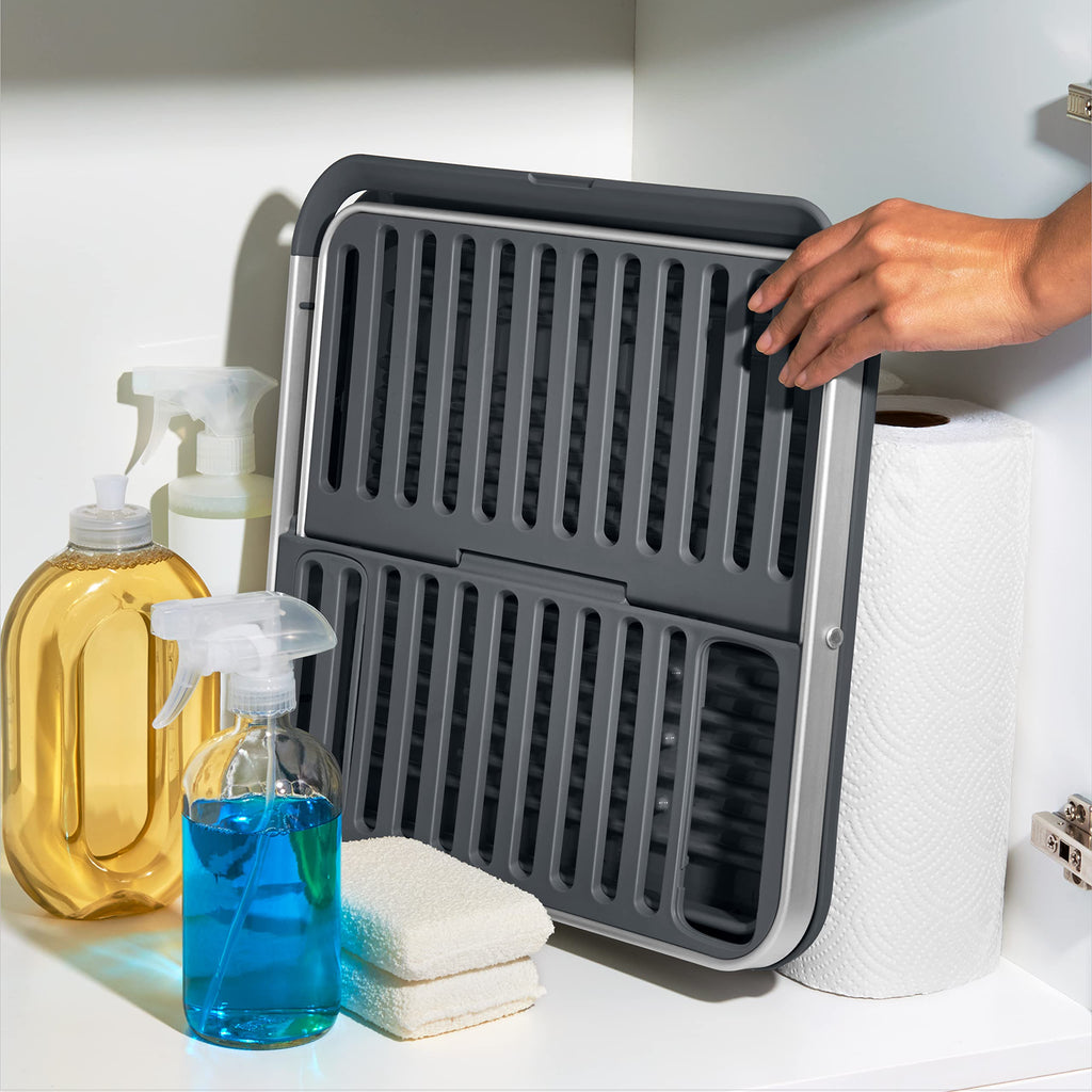 Overhead view of the Oxo aluminum dish rack displaying drainboard surface