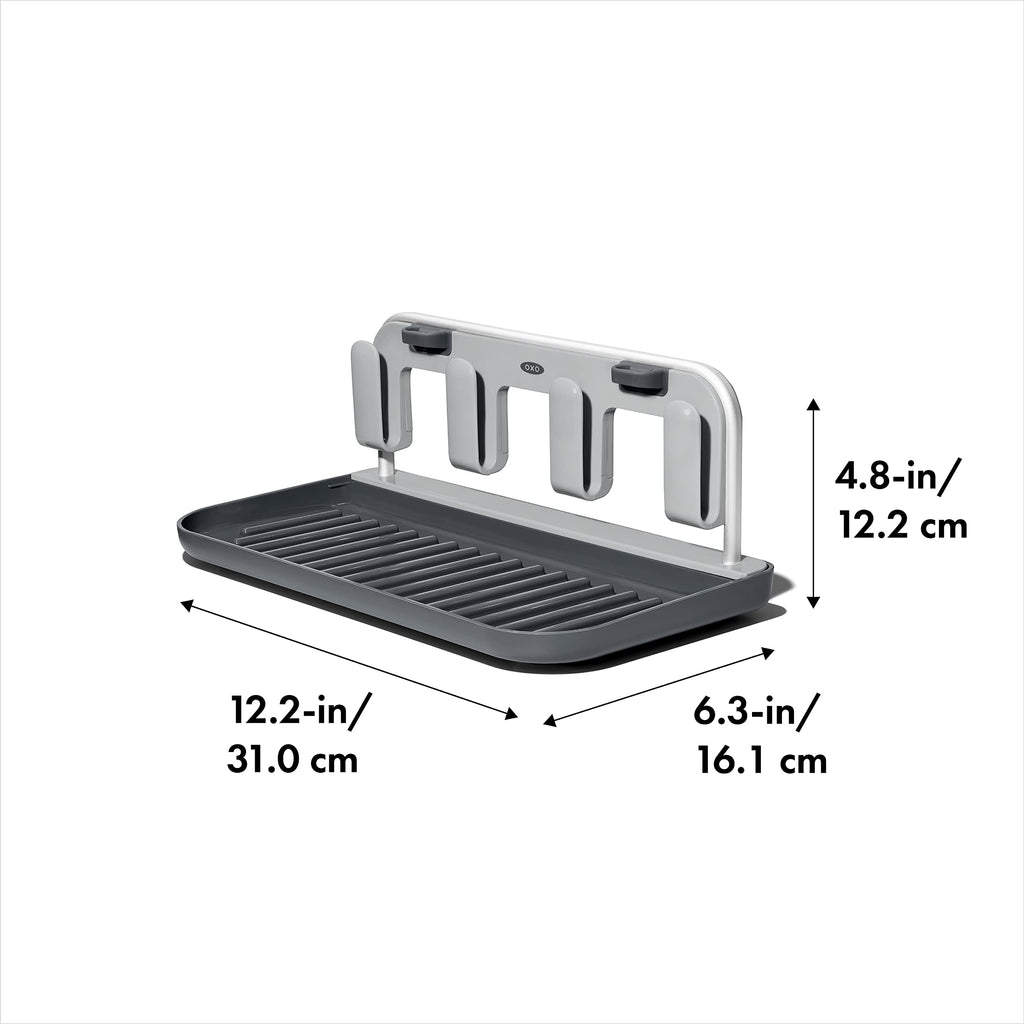 Close up of Oxo drying rack straw holder and aluminum frame details