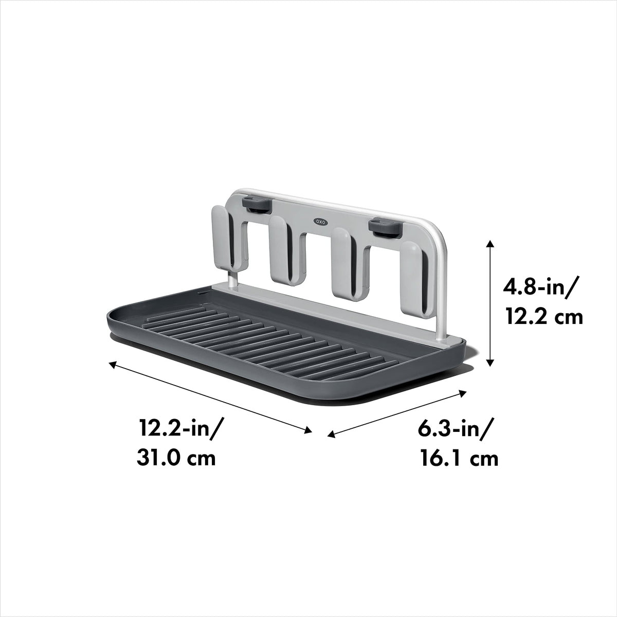 Close up of Oxo drying rack straw holder and aluminum frame details