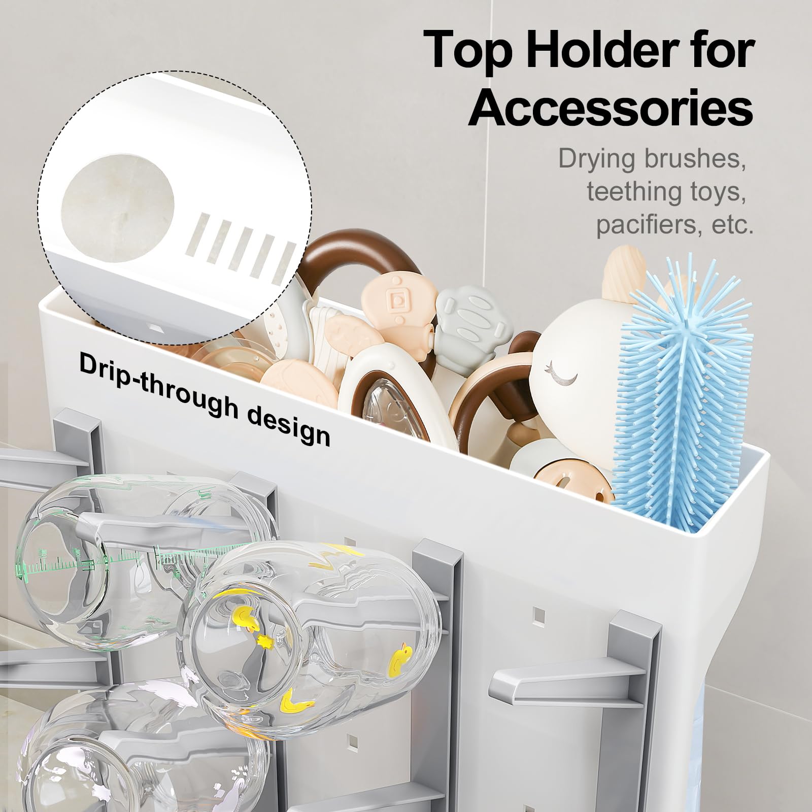 Gray baby bottle drying rack showing removable drip tray