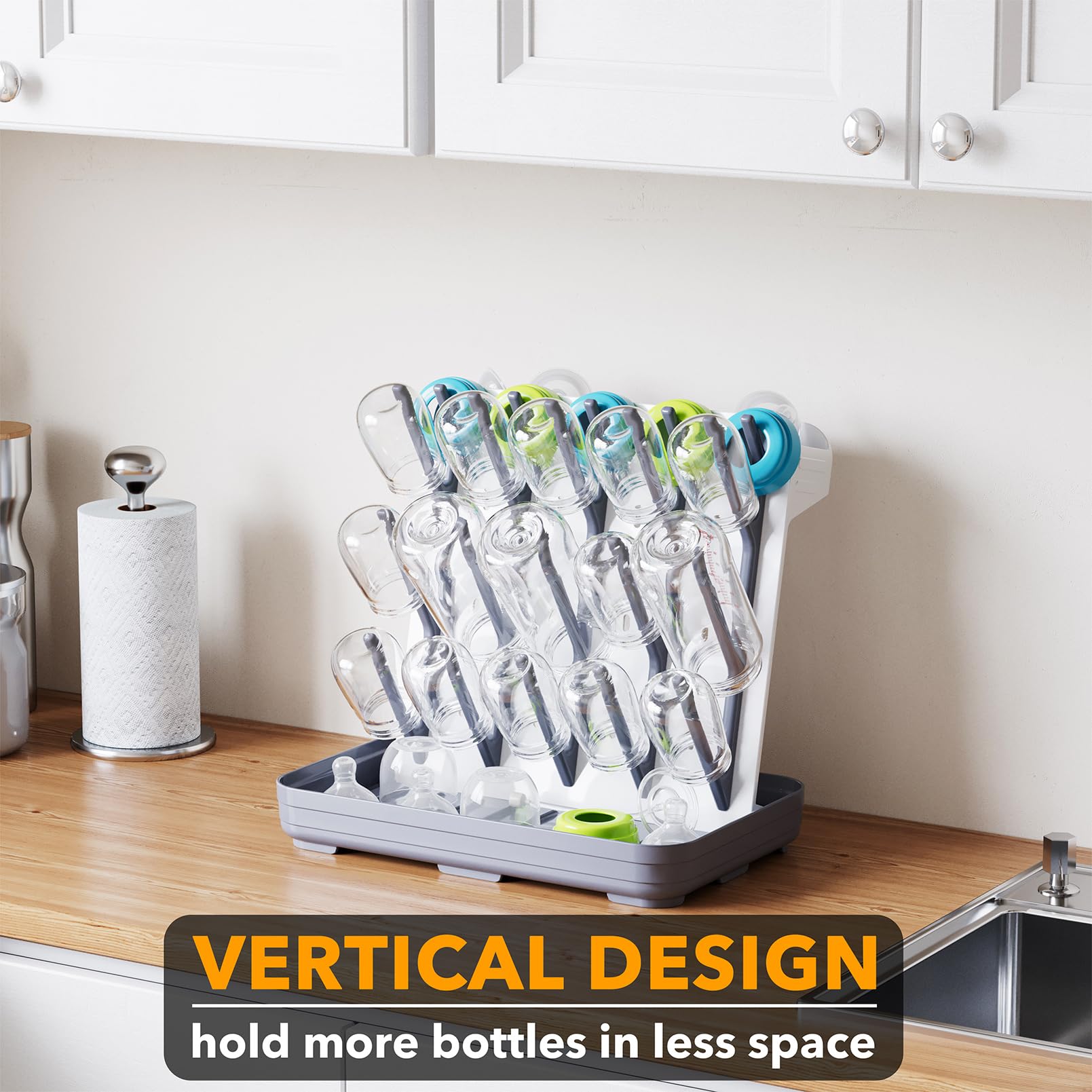 Vertical baby bottle drying rack for small kitchen spaces