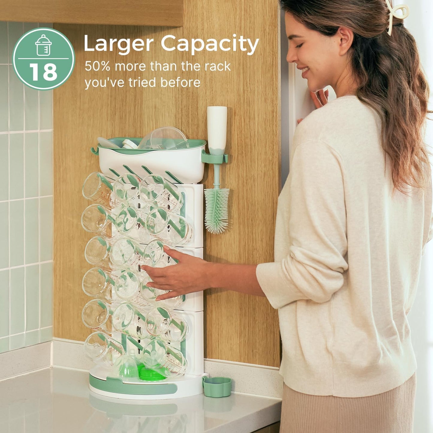 Momcozy vertical bottle organizer holding 18 bottles