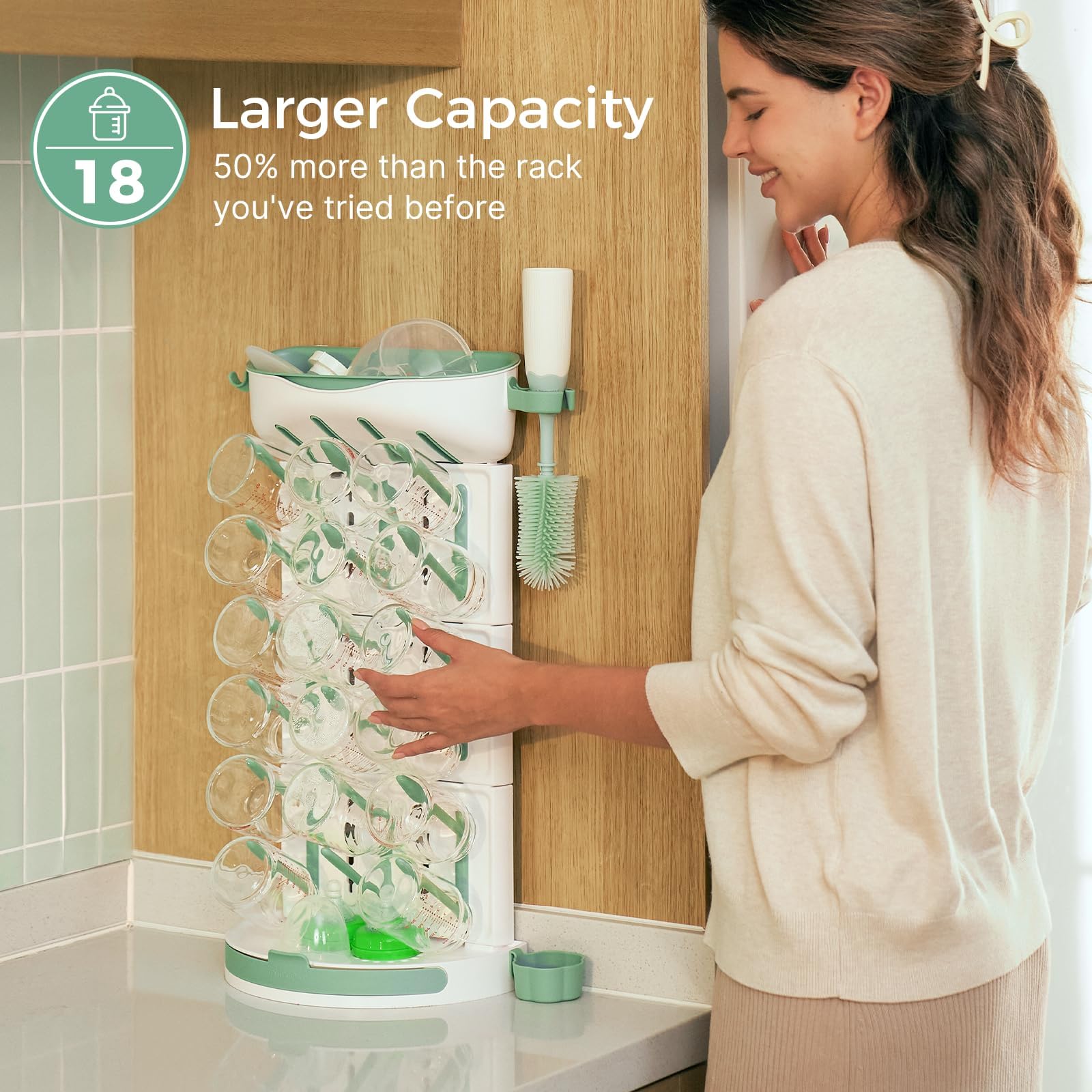 Momcozy vertical bottle organizer holding 18 bottles