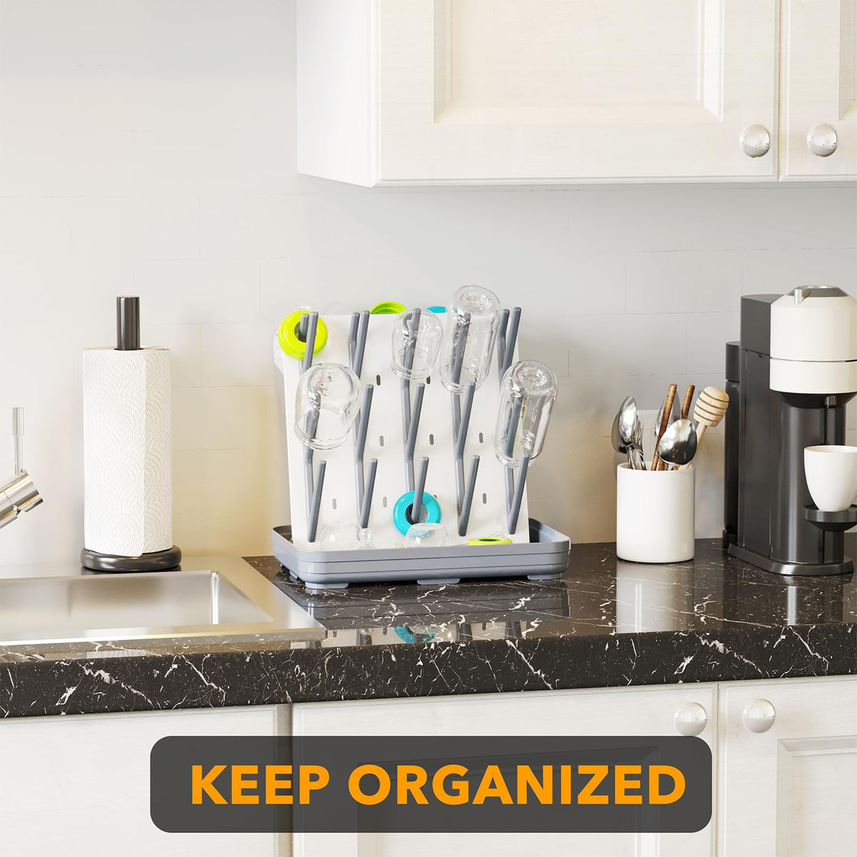 Baby bottle drying rack holding bottles and pacifiers accessories