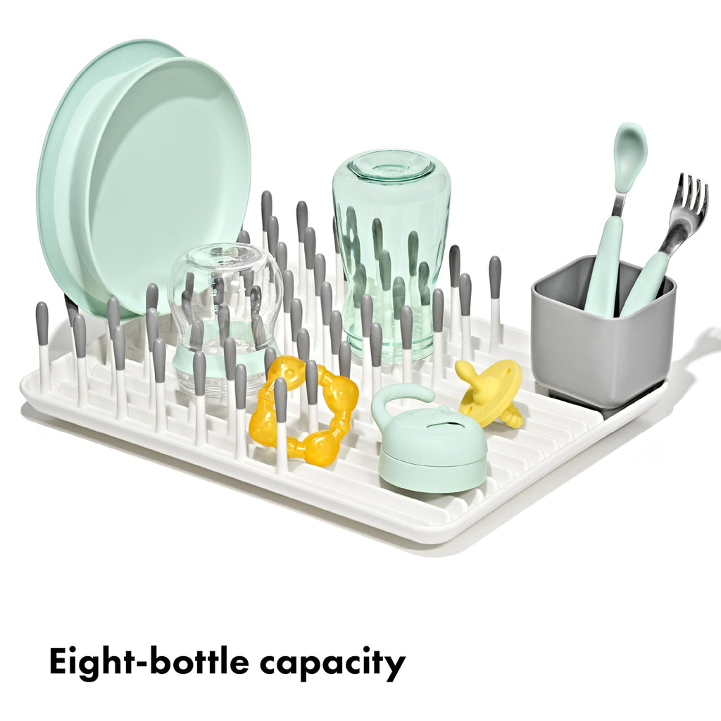 Oxo Tot Bottle Drying Rack with bottles and accessories loaded