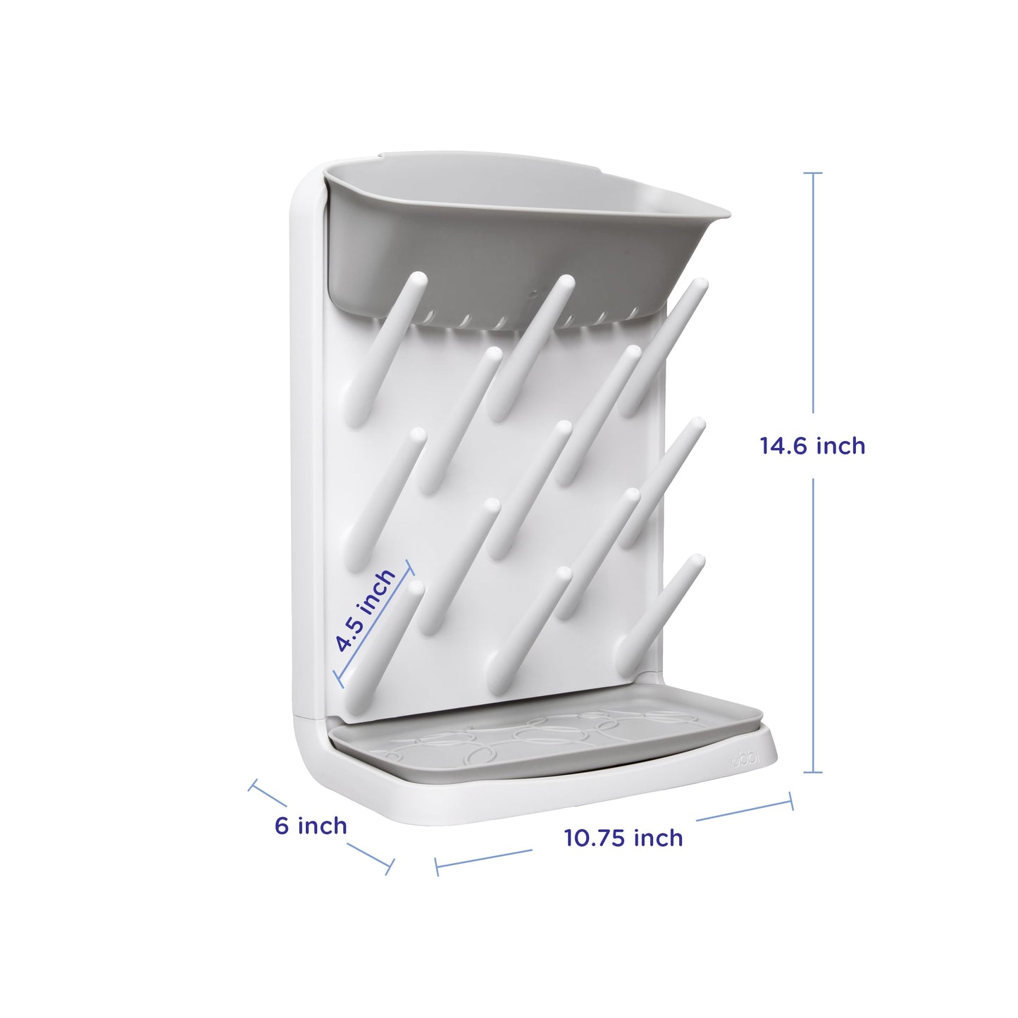 Ubbi drying rack holding multiple baby bottles and pump parts