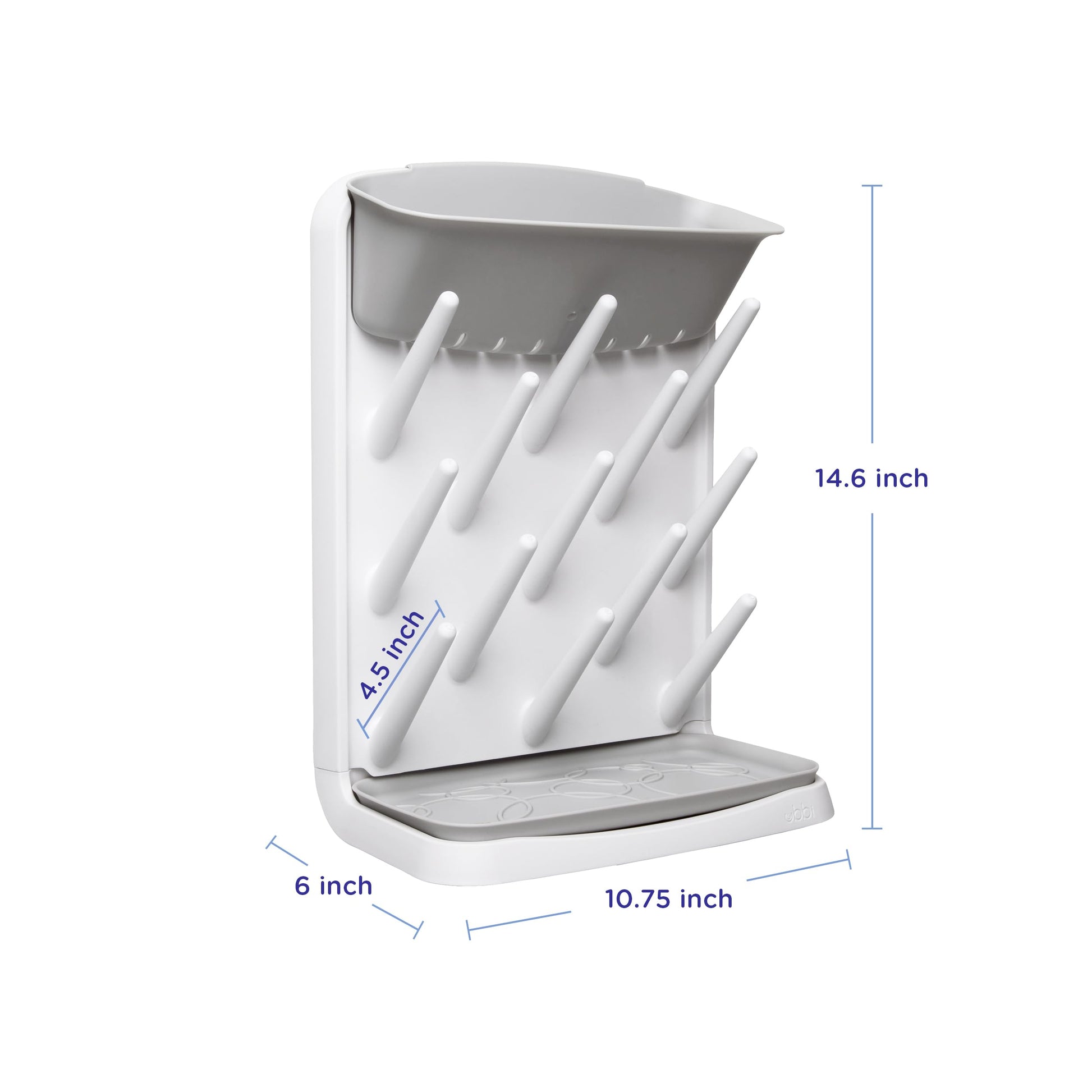 Ubbi drying rack holding multiple baby bottles and pump parts