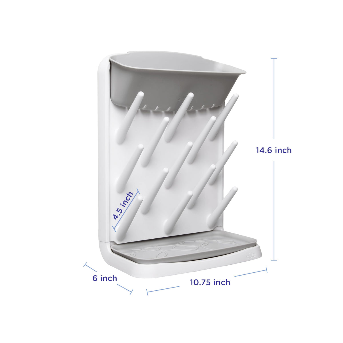 Ubbi drying rack holding multiple baby bottles and pump parts