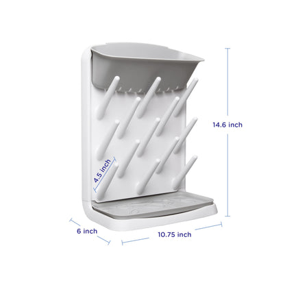 Ubbi drying rack holding multiple baby bottles and pump parts