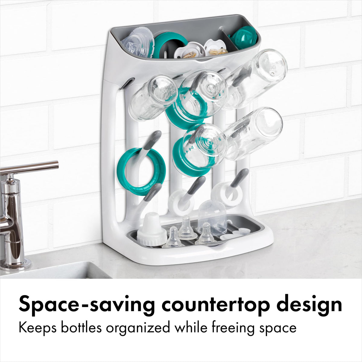 Side profile of grey and white OXO Tot drying rack