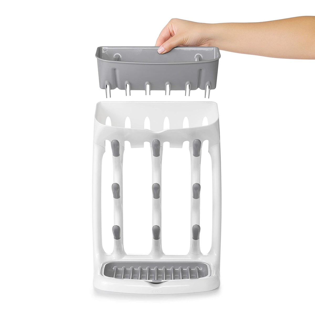 Full view of OXO Tot rack holding nine bottles