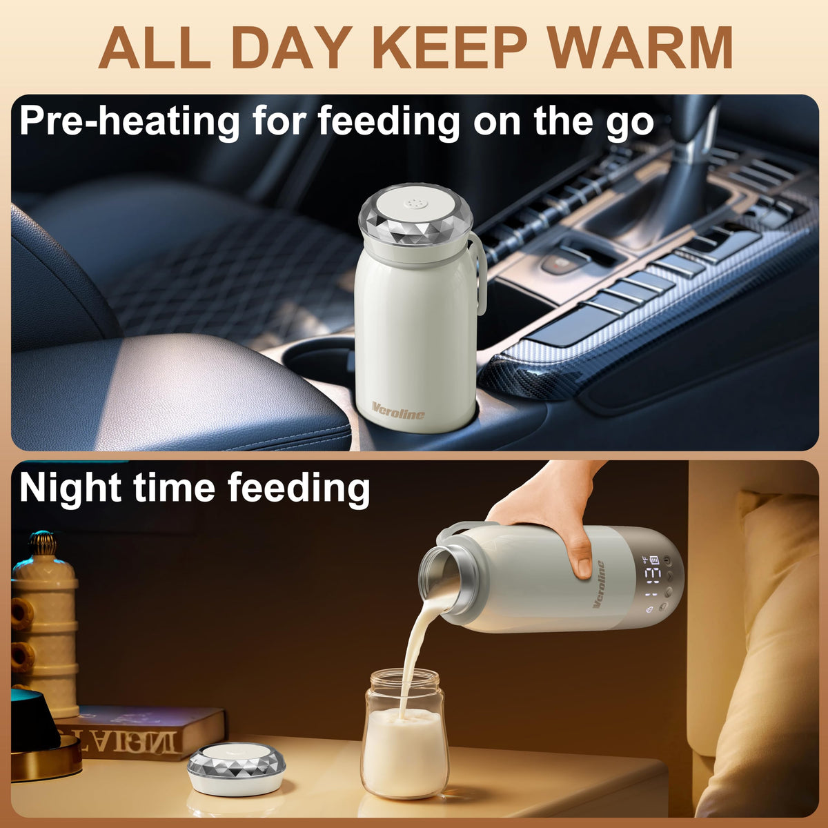 Compact travel design of the Veroline 18.6 ounce milk warmer