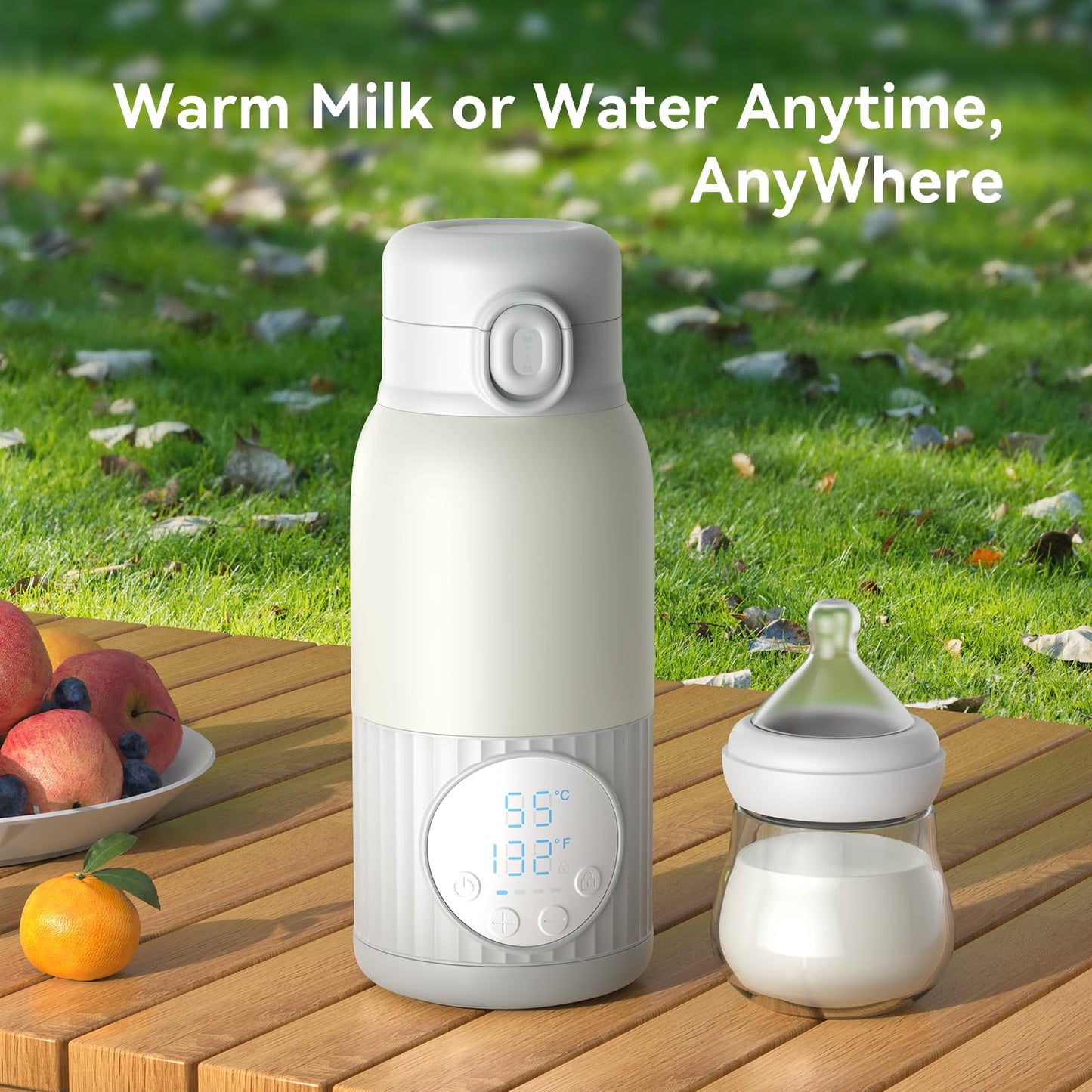 Grey portable milk warmer showing stainless steel interior