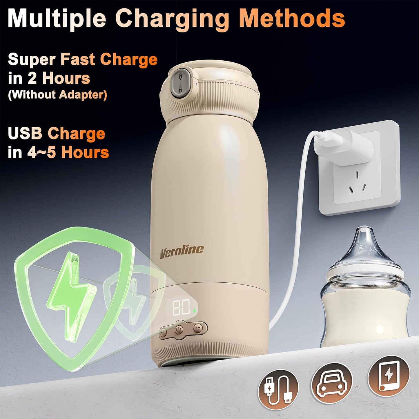 Wireless baby bottle heater with LED display and charging port