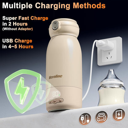 Wireless baby bottle heater with LED display and charging port