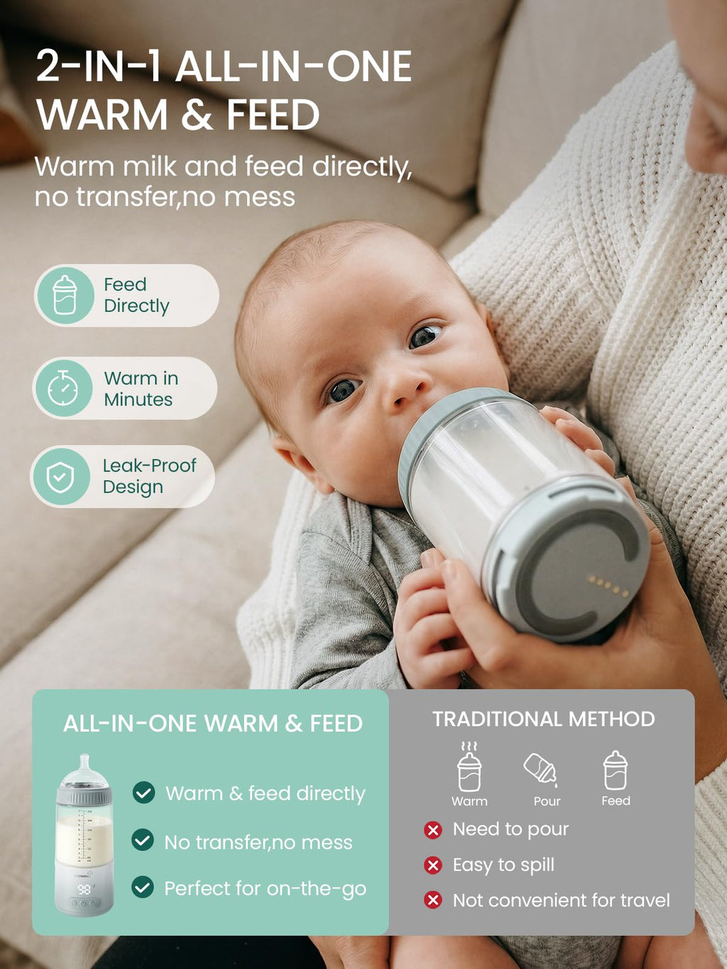 Grownsy travel milk warmer showing the detachable nipple for feeding.