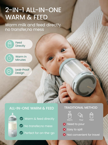 Grownsy travel milk warmer showing the detachable nipple for feeding.