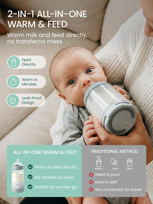 Grownsy travel milk warmer showing the detachable nipple for feeding.
