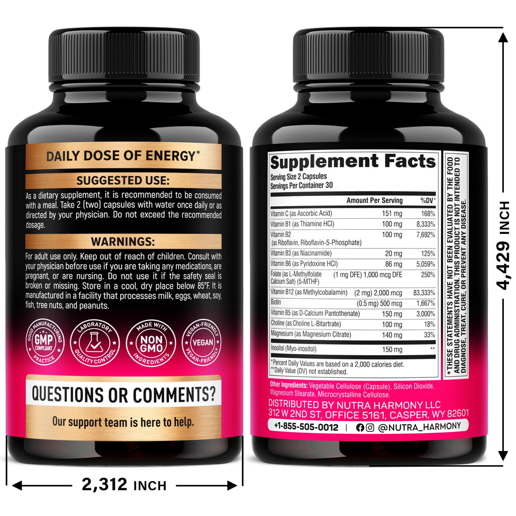 Nutraharmony 11 in 1 B complex supplement containing methyl B12 and active folate for maximum absorption