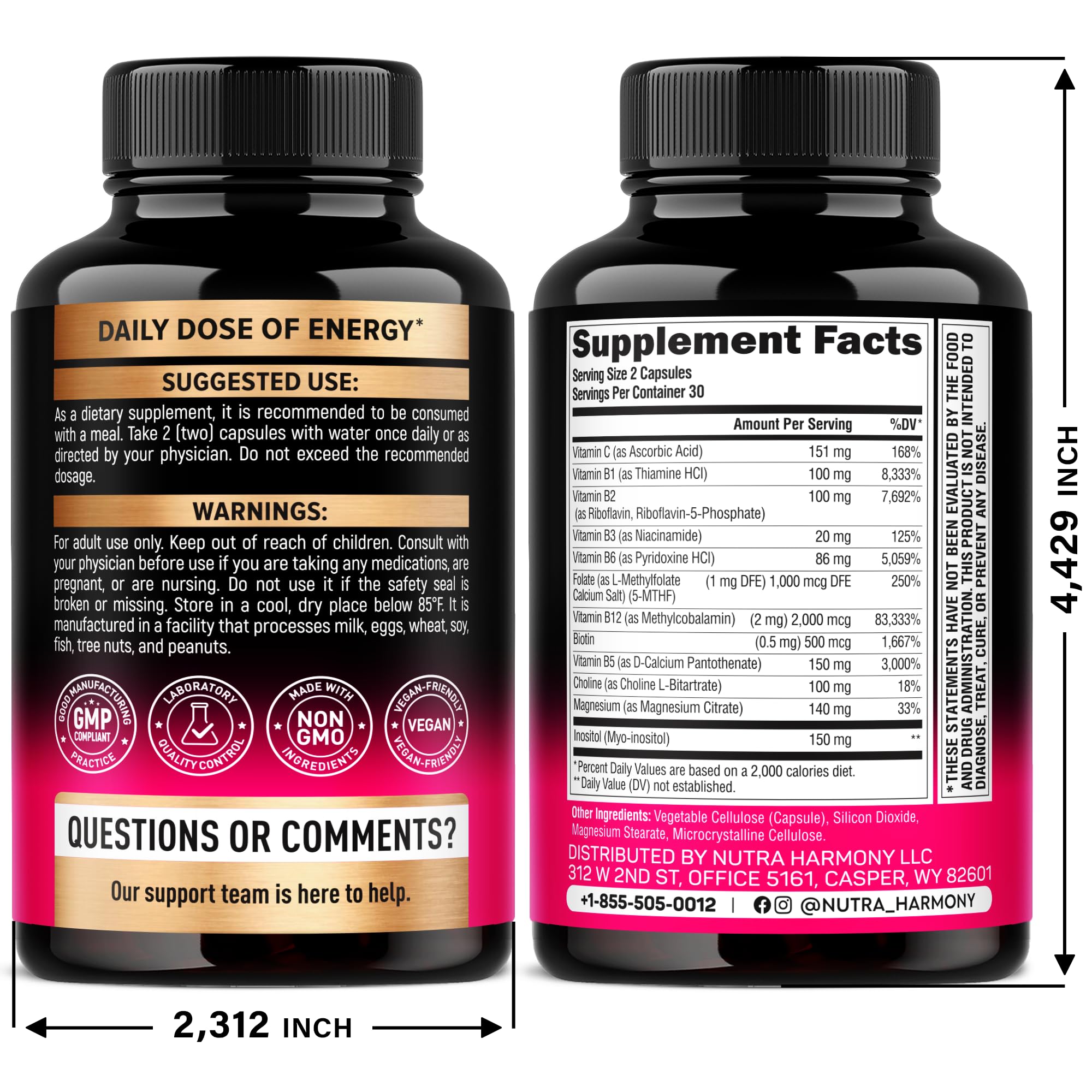 Nutraharmony 11 in 1 B complex supplement containing methyl B12 and active folate for maximum absorption