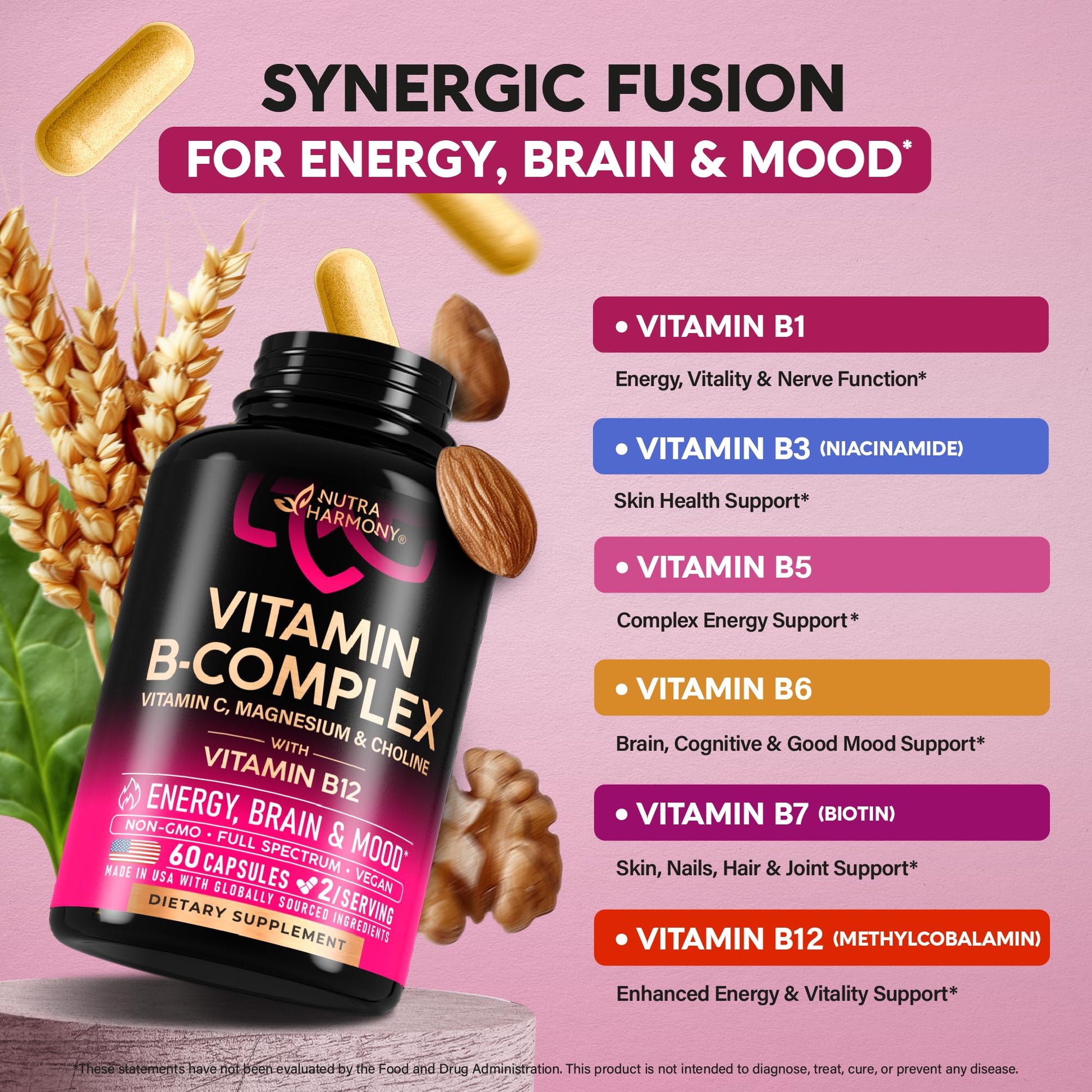 Authentic Nutraharmony vegan wellness supplement bottle for daily metabolism and nervous system defense