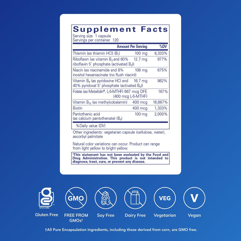 Side angle view of the hypoallergenic Pure Encapsulations B Complex Plus premium supplement packaging