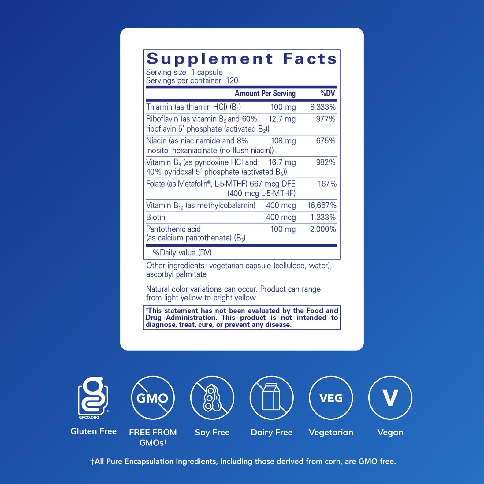 Side angle view of the hypoallergenic Pure Encapsulations B Complex Plus premium supplement packaging