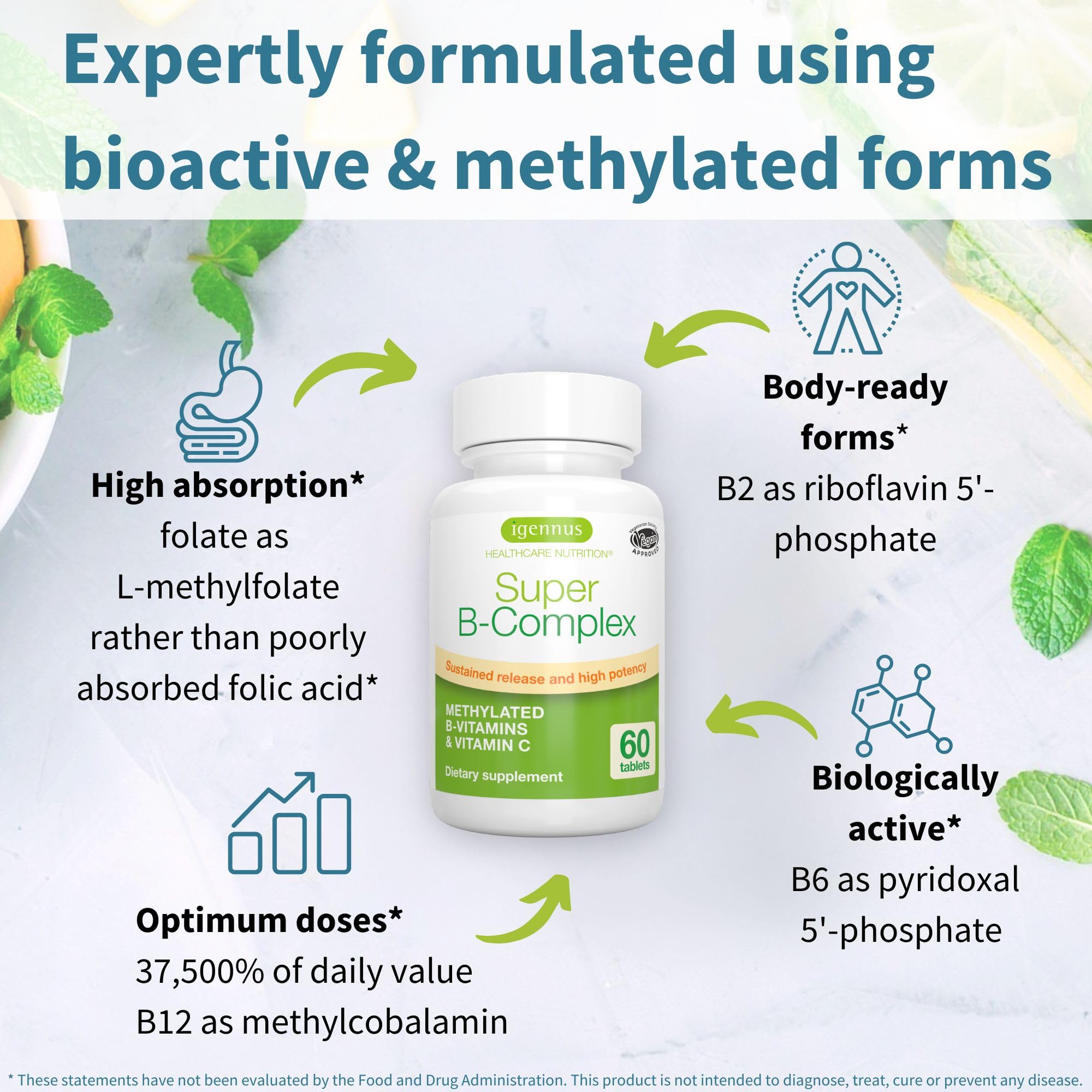 Igennus Super B Complex supplement facts label showing methylated B vitamins.